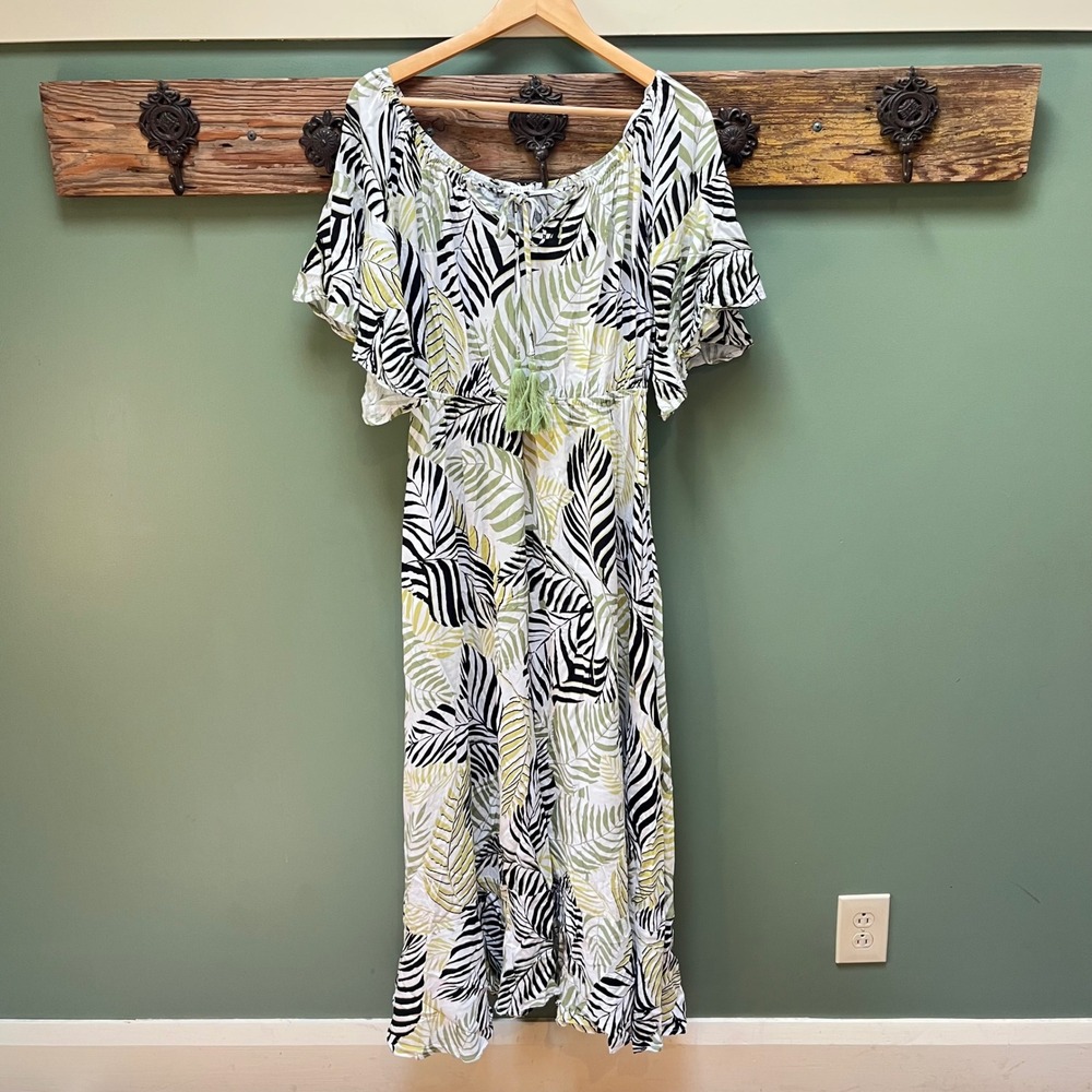 Label of Love Womens Small Tropical Palm Print Tassel Maxi Dress Green Boho